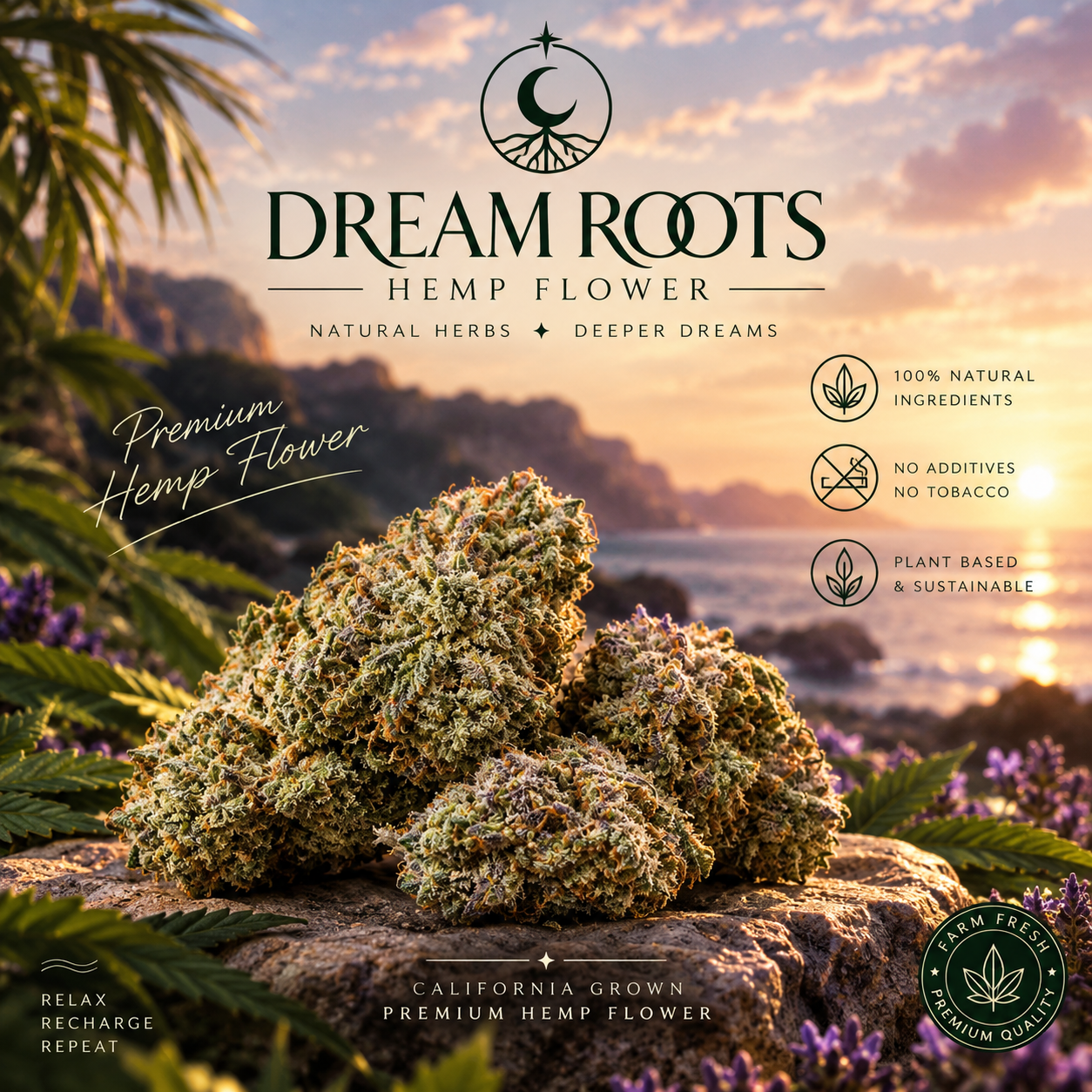 Dream Roots premium California-grown hemp flower at a coastal sunset